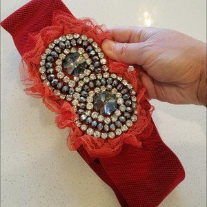 Elastic festive holiday Christmas red rhinestone bling waistbelt